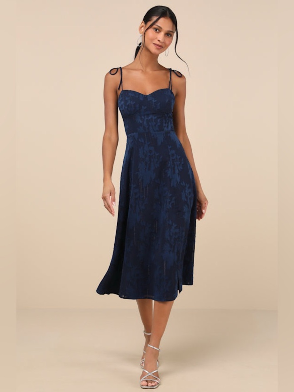NWT Lulus Loveliest Looks Navy Blue Floral Jacquard Tie-Strap Midi Dress Size L